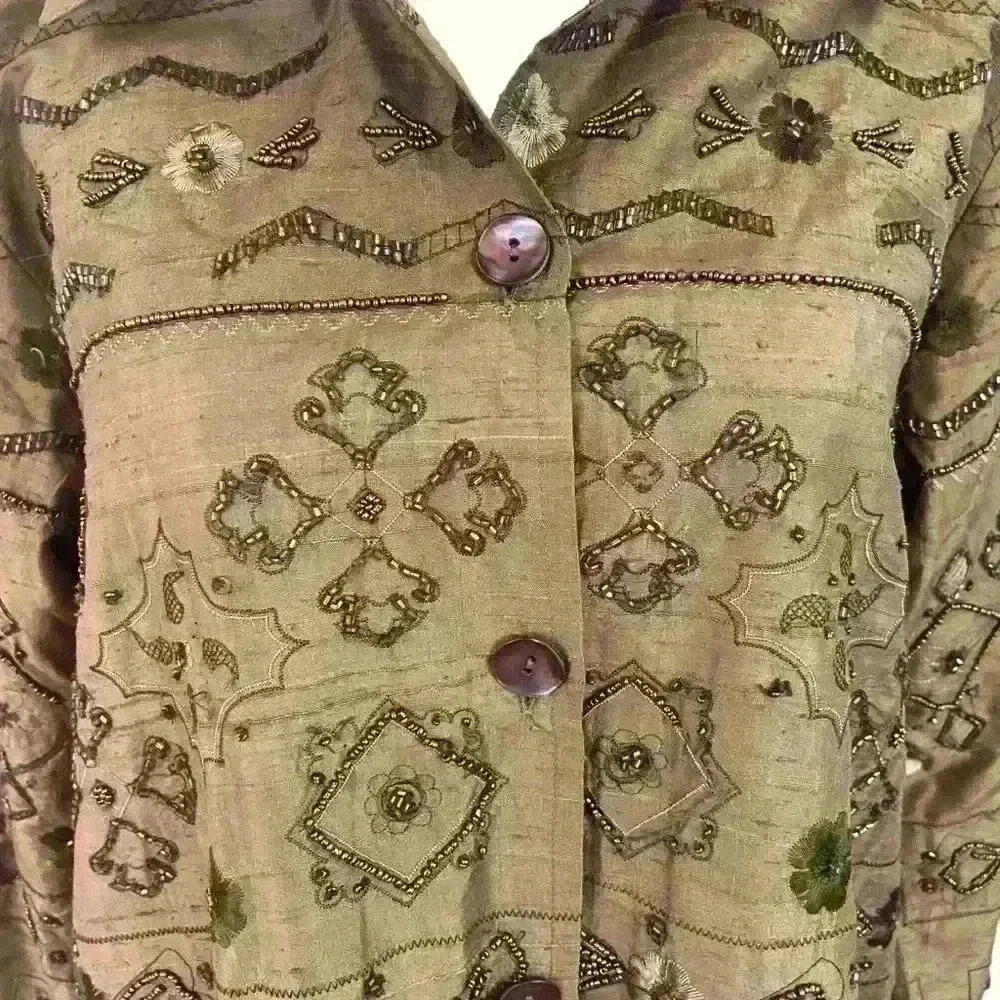 Vintage Laura Ashley Silk Beaded Jacket Size S Olive Green Boho Casual - Picture 3 of 8